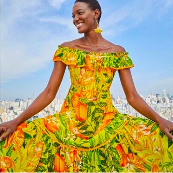 NWOT FARM Rio Tangerine Multi Off Shoulder Tropical Midi Dress XS “RARE" - Picture 5 of 12